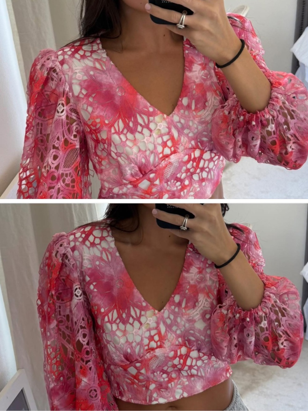 Boohoo Pink & Coral Lace V‑Neck Puff Sleeve Crop Top